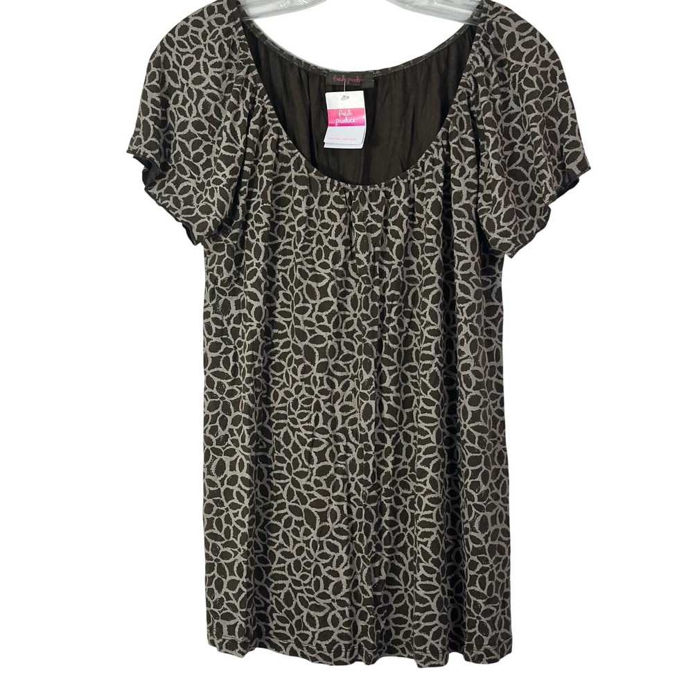 Fresh‎ Produce Baja Anyday Top Brown Geometric Scoop Neck Short Sleeve Blouse M